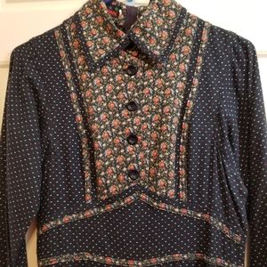 Vintage 1970s Elkont Europe cotton navy midi prairie dress with floral trim